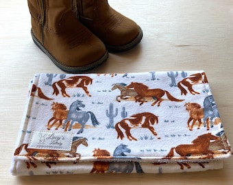 Wild Mustangs Burp Cloth - Handmade Flannel Western Baby Shower Gift Cowgirl Cowboy