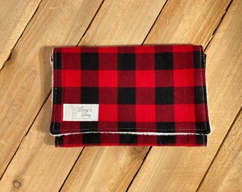 Burp Cloth-RED BUFFALO CHECK-Handmade | Flannel | Baby Shower Gift | Winter | Terry Cloth | Gender Neutral | Plaid | Burp Rag | Red | Farm