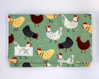 Burp Cloth - FARMYARD CHICKENS | Handmade  | Flannel | Terry Cloth | Gender Neutral | Baby Gift | Green | Black | White | Red | Yellow