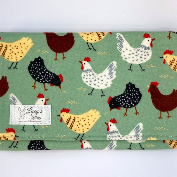 Burp Cloth - FARMYARD CHICKENS | Handmade  | Flannel | Terry Cloth | Gender Neutral | Baby Gift | Green | Black | White | Red | Yellow