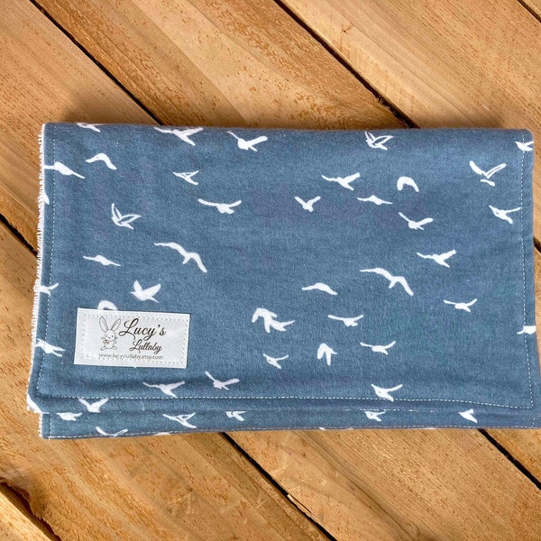 Burp Cloth-WHITE BIRDS-Handmade, Flannel and Terry Cloth | Gender Neutral Baby Gift | Beach Theme | Seagulls | Gray, Blue, White | Modern