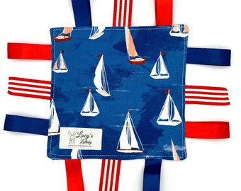 Sailboats Crinkle Tag Toy: Handmade Baby Sensory Ribbon Toy