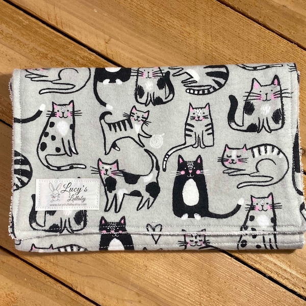 Burp Cloth-GRAY CATS-Handmade, Flannel and Terry Cloth | Gray and Black Cats | Gender Neutral Baby Shower Gift | Striped and Spotted Cats