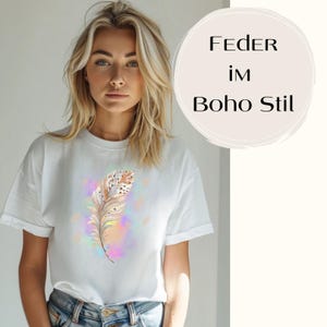 Boho feather t-shirt with color design - Watercolor feather with colorful texture in hippie style - Shirt colored with beige dots