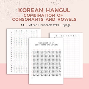 Korean alphabet | Hangul | Printable | Combination of Consonants and Vowels | Learn Korean | Study Korean | Writing Practice Korean