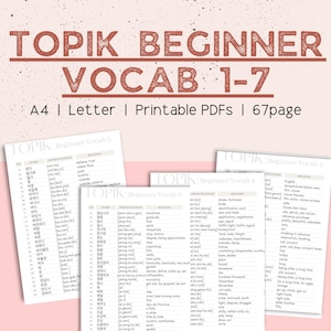 May include: Four pages of a Korean language study guide for the TOPIK exam. The pages are titled "Beginner Vocab 3", "Beginner Vocab 5", "Beginner Vocab 4", and "Beginner Vocab 6". Each page contains a list of Korean words with their English translations.
