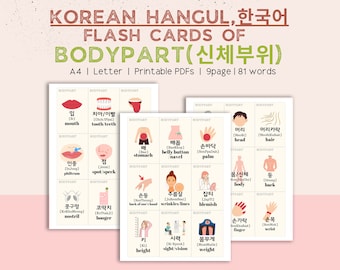 Alfabeto coreano / Hangul / Imprimible / Tarjetas didácticas de coreano / Partes del cuerpo / Aprender coreano / Estudiar coreano / 한국어