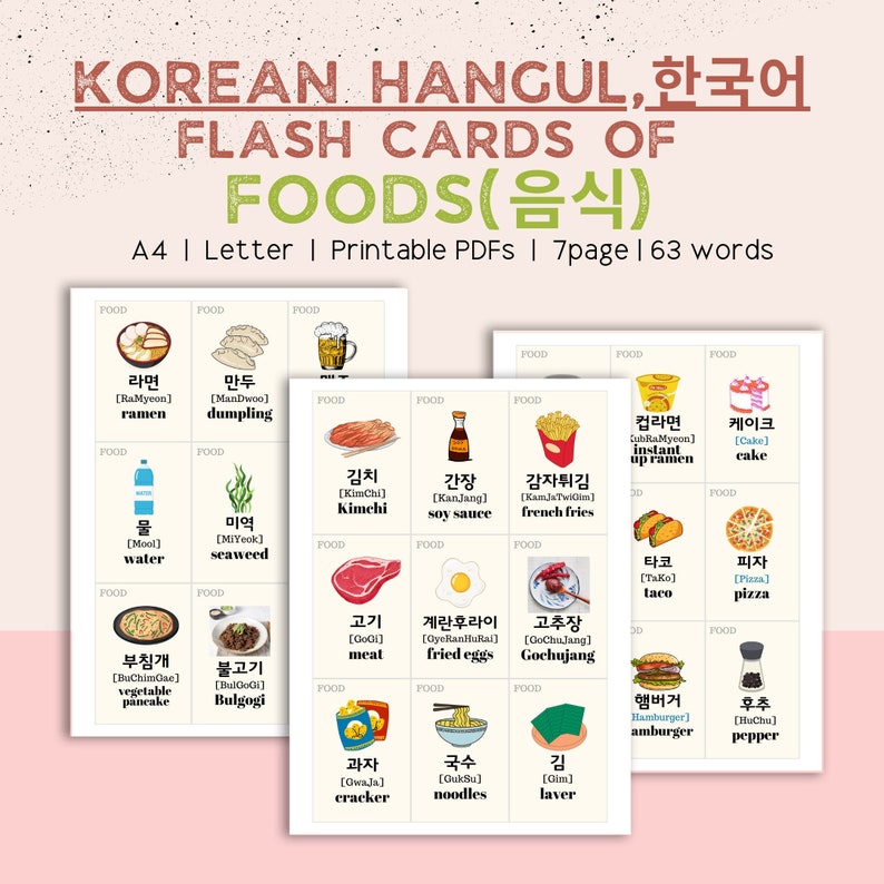 Printable Korean Word Flash Cards Korean Foods Digital Etsy