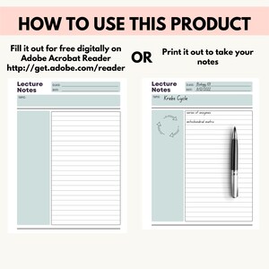 May include: A printable lecture notes template with a light blue background. The template includes sections for the class, date, topic, and notes. The text "Lecture Notes" is at the top of the template. The template is designed to be used for taking notes in class.
