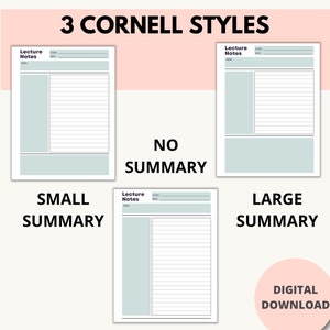 May include: Three different styles of Cornell note-taking templates. The first template has a small summary section at the bottom. The second template has no summary section. The third template has a large summary section at the bottom. All templates have a title section at the top and a large section for notes.