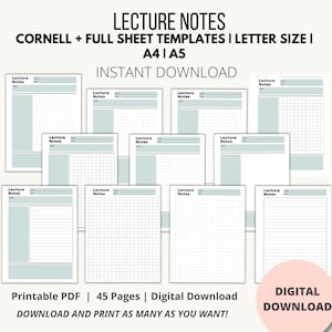Wydrukowane notatki z wykładów, notatki do nauki, notatki Cornell, cyfrowe pobieranie notatek z wykładów, papier w linie, papier college'u, papier do robienia notatek