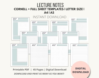 Printable Lecture Notes, Study Notes, Cornell Notes, Lecture Notes Digital Download, Lined Paper, College Paper, Note Taking Paper