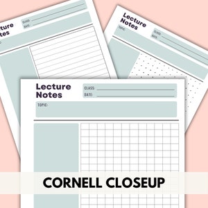 May include: Three printable lecture note templates in a light blue and white color scheme. The templates feature different note-taking styles, including lined, dotted, and gridded paper. The text "Cornell Closeup" is visible at the bottom of the image.