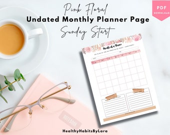 Pink Floral Printable Undated Calendar | Portrait | Letter Size | 8.5" x 11 " | Sunday Start | Instant Download