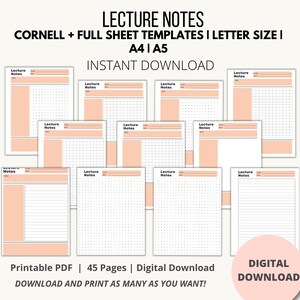 Wydrukowane notatki z wykładów, notatki do nauki, notatki Cornell, cyfrowe pobieranie notatek z wykładów, papier w linie, papier college'u, papier do robienia notatek