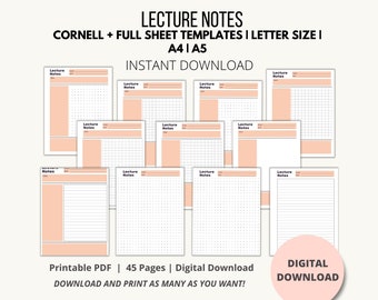 Printable Lecture Notes, Study Notes, Cornell Notes, Lecture Notes Digital Download, Lined Paper, College Paper, Note Taking Paper