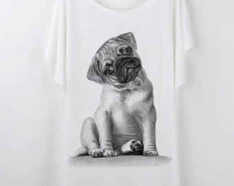 Pug Puppy Cotton White Loose Batwing Sleeve T-Shirt Tee, Dog Print T-Shirt, Cute Sketch Dog Drawing Print T-Shirt, Christmas gift
