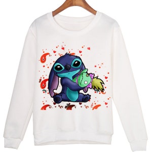 Stich Lilo Scrump Puppe Spielzeug Langarm weißes Sweatshirt, Disney Cartoon Disneyland Print Top, niedlicher Stich Print Sweatshirt Pullover Pullover