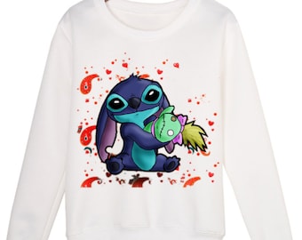 Stitch Lilo Scrump Doll Toy Sweat-shirt blanc à manches longues, Disney Cartoon Disneyland Print Top, Cute Stitch Print Sweatshirt Pull Jumper