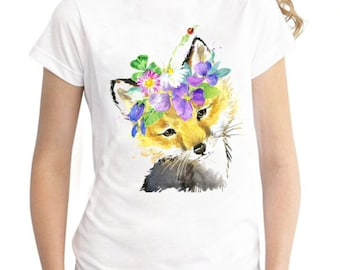 Fox in Flower Crown Print White Cotton T-Shirt Tee, Beautiful Woodland Forest Print T-Shirt Tee Vest Blouse, Christmas Gift