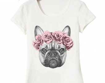 French Bulldog Frenchie cotton white t-shirt, dog print t-shirt, funny print t-shirt, French Bulldog in Flower Crown t-shirt, Christmas gift