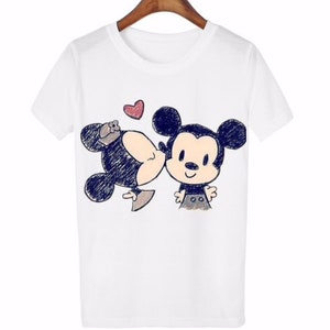 Minnie Mickey Mouse Kiss Love Cotton White T-Shirt Tee, Disney Cartoon Disneyland Print T-Shirt Tee Vest Blouse, Christmas Gift