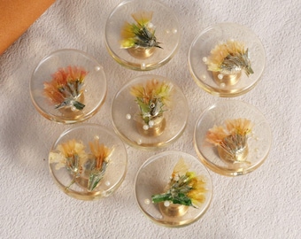 Pomo redondo de resina con forma de flor para cajón, pomo pequeño de armario con forma de flor seca prensada, pomo único de latón con forma de hoja, pomo decorativo de flor para alacena