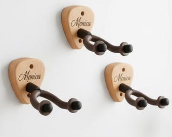 Personalized Walnut wooden Guitar Hook Wall Hanger, Universal stand hooks for ukulele, electric guitar, acoustic guitar, and banjo.