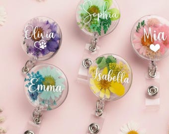 Personalized name Pressed Flower badge reel, Resin Dried Flower Badge Holder, Real Flower Badge Reel, RN badge reel, Gift for Nurse,Doctor