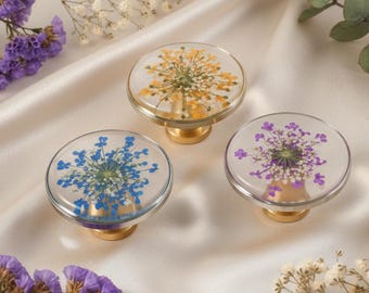 Resin flower drawer knob, pressed dried flower silver edged cabinet knob, forget me not brass knob, decorative daisy leaf cupboard knob