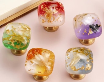 Resin Dried Flower Square drawer knob, mini pressed birth flower purple cabinet knob, forget me not brass knob, decorative cupboard knob