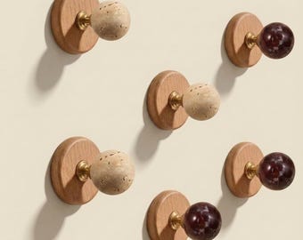 Natural marble wall with wooden base hook , travertine Hook, stone Hats hanger, Rosso Verde Hanger Organize for Scarfs, Bags, Clothes