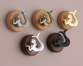 Brass Mermaid Wall Hooks, walnut Wooden Hook, nursery Hats hanger, Hanger Organize for Scarfs, Bags, Clothes