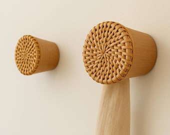 Rattan Wood Wall Hooks, boho Wooden Hook, Hats hanger, Hanger Organize for Scarfs, Bags, Clothes