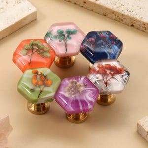 Peut inclure: Ensemble de sept boutons de meuble hexagonaux aux couleurs variées, dont orange, rose, vert, violet et bleu. Chaque bouton présente un motif floral unique et une base en laiton. Ces boutons décoratifs sont parfaits pour les meubles.