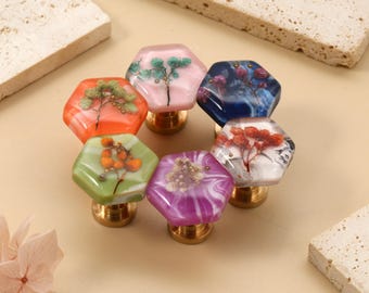 Resin flower Hexagon drawer knob, mini pressed Dried flower brass cabinet knob, Leaf brass unique knob, decorative flower cupboard knob