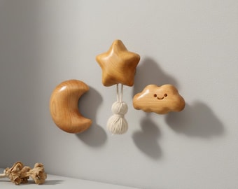 Ganchos de pared de madera con forma de luna, estrella y nube. Ganchos de pared hechos a mano. Percheros. Ganchos decorativos. Ganchos para regalo.