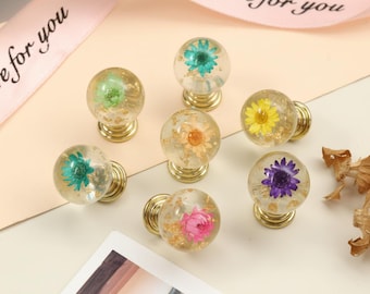 Pomo redondo de resina con forma de flor para cajón, pomo pequeño de armario con forma de flor seca prensada, pomo único con forma de hoja, pomo decorativo de flor para alacena