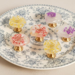 Könnte beinhalten: Sechs pilzförmige Schrankknöpfe mit Messingbasen und transparenten Harzoberflächen. Jeder Knopf zeigt eine andere Trockenblumenanordnung in Gelb-, Rosa- und Lilatönen. Die Knöpfe werden auf einem weißen Teller mit blauem Blumenmuster präsentiert.