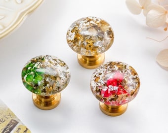 Resin Dried Flower round drawer knob, mini pressed birth flower silver foil cabinet knob, forget me not brass knob, decorative cupboard knob