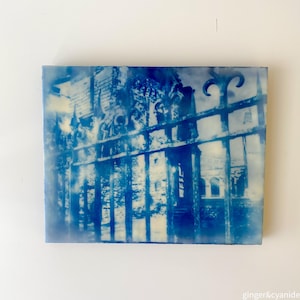 From Beyond The Gate- an original encaustic cyanotype on cradle board panel, alternative photography process, vintage photograph