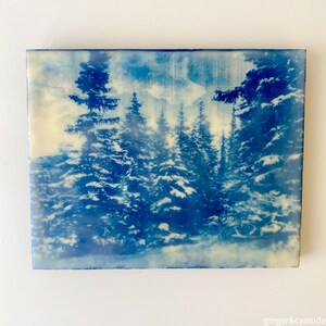 May include: A square, blue-toned tile featuring a winter forest scene. The image depicts snow-covered evergreen trees under a cloudy sky. The artwork has a vintage, cyanotype aesthetic, with the artist's name, "ginger&cyanide", in the bottom right corner.