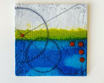 May include: Abstract art painting on a square canvas with a textured surface. The painting features a white background with a green and blue horizontal stripe. The blue stripe has a black circle with a black line intersecting it. There are four red circles on the right side of the canvas.