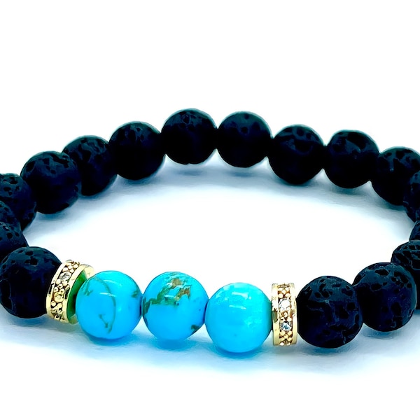 Black Lava Bracelet| Calming Bracelet for Men| Essential Oil Diffuser| Stackable Lava Rock Bracelet & Blue Gemstone