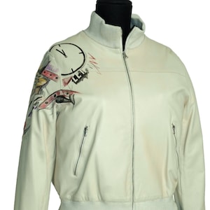 Hand Painted Woman Leather Jacket in Genuine Lambskin,  Bomber Jacket Made in Italy, New with labels,  42