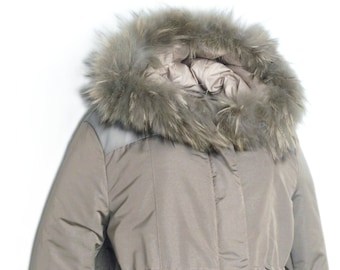 Woman Parka Jacket with Hood, Down Coat with Fur, Made in Italy Artisan, New with Labels