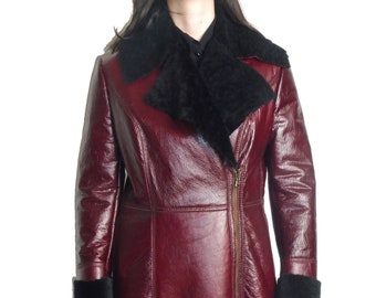 Woman's Coat Real Sheepskin Crinckled Patent Leather Handcrafted Motorcycle Style, Made in Italy, New with Tags