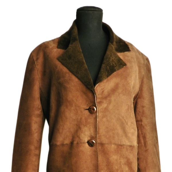 Manteau Femme Double Face en Cuir d'Agneau Véritable, Shearling Daim, poil court. Fabriqué en Italie, neuf avec étiquettes Col. Cognac