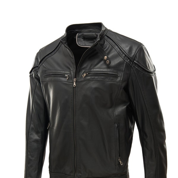 Jas Nappa Man Slim Style Motorcycle Jacket Echt Leer Made in Italy Artisan Nieuw met Labels