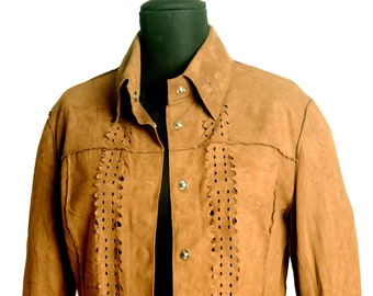 Women's Suede Shirt with Geometric Perforations. Jacket in Washed and Unlined Col.Cognac Leather, Made in Italy. New with tags